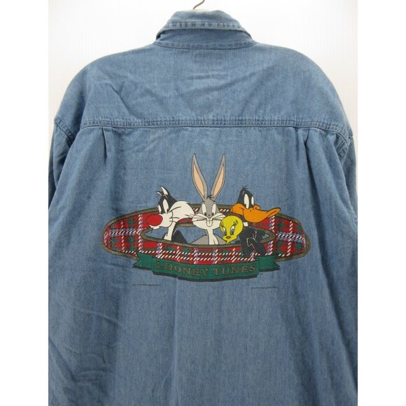 VINTAGE Looney Tunes Shirt Large Bugs Taz Daffy Warner Bros 90s Denim - Picture 8 of 13